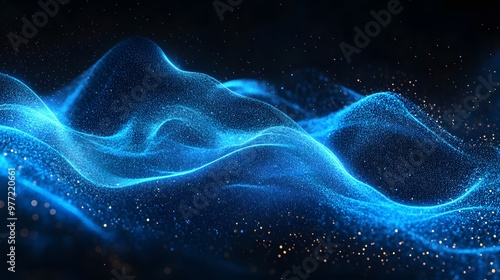 An ethereal blue energy wave glows against a black background, featuring dynamic flow and smooth curves, creating a vibrant sci-fi aesthetic with abstract digital art.