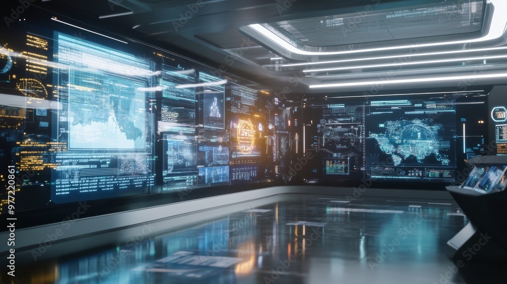 A futuristic election room with transparent screens showing voter turnout holograms of candidates A futuristic election room with transparent screens showing voter turnout holograms of candidates