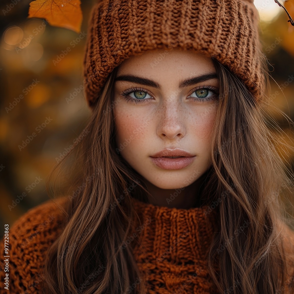 Young Woman in Cozy Knit Hat and Sweater Playfully Enjoying Autumn Outdoors Young Woman in Cozy Knit Hat and Sweater Playfully Enjoying Autumn Outdoors