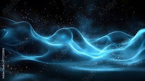 An ethereal blue energy wave glows against a black background, featuring dynamic flow and smooth curves, creating a vibrant sci-fi aesthetic with abstract digital art.