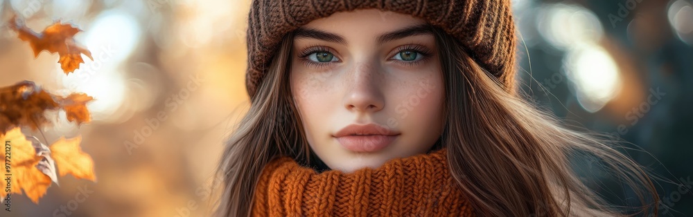 Young Woman in Cozy Knit Hat and Sweater Playfully Enjoying Autumn Outdoors Young Woman in Cozy Knit Hat and Sweater Playfully Enjoying Autumn Outdoors