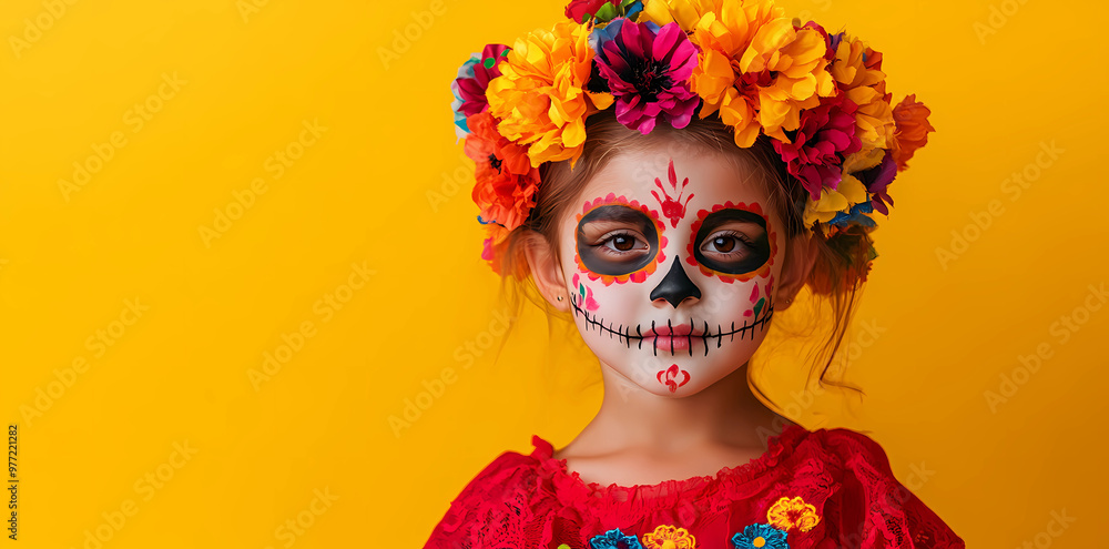 Obraz premium Photo of a child with face painting in the style of Day of the Dead, wearing colorful flowers on her head and looking at the camera, isolated on a yellow background with copy space area.