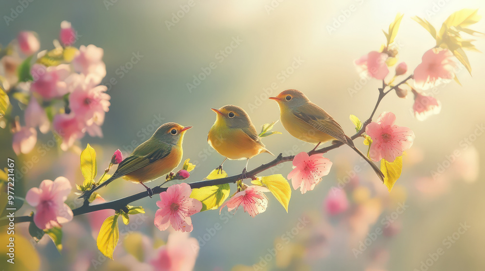 Three Yellow Birds Perched on a Branch with Pink Blossoms in Spring Three Yellow Birds Perched on a Branch with Pink Blossoms in Spring