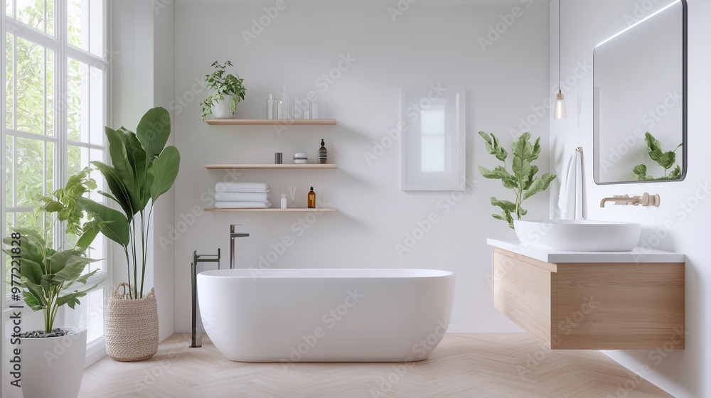 Scandinavian-inspired bathroom with freestanding tub and indoor plants Scandinavian-inspired bathroom with freestanding tub and indoor plants