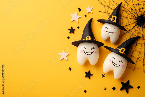 Halloween concept, two cute smiling teeth in witch hats on a yellow background with spider webs and stars. Flat lay, top view of the frame. Perfect for dental health advertising, Halloween party decor