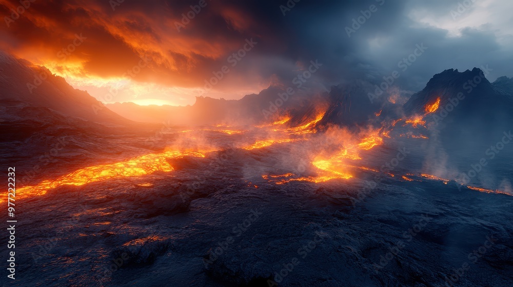 Podium in a volcanic landscape, lava flows in the background, intense atmosphere Podium in a volcanic landscape, lava flows in the background, intense atmosphere