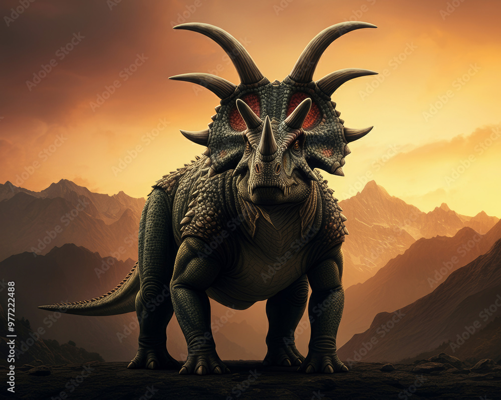 Fototapeta premium A giant dinosaur with mountain evening landscape