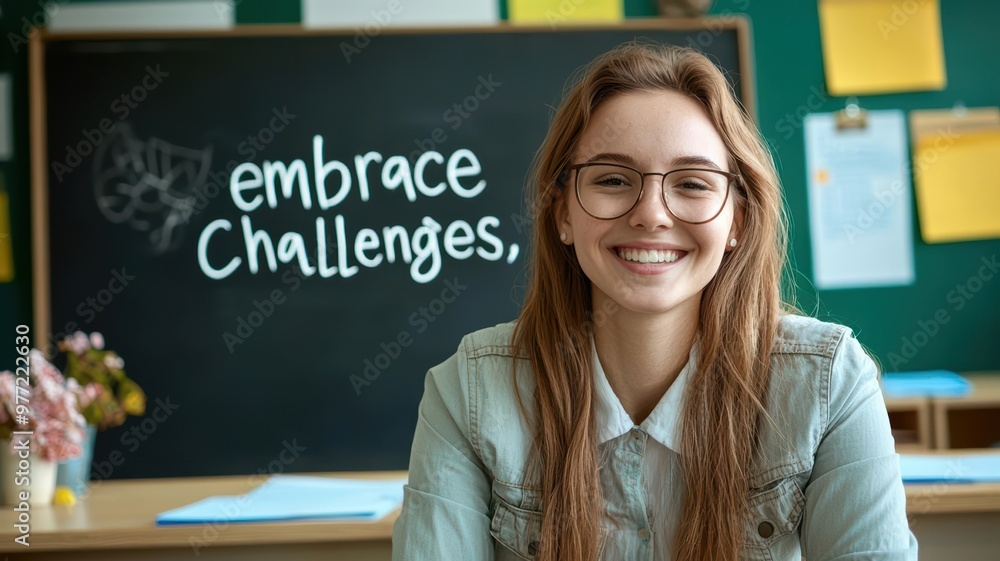 Smiling Teacher in classroom encourages others to embrace challenges with a supportive attitude and positive mindset.