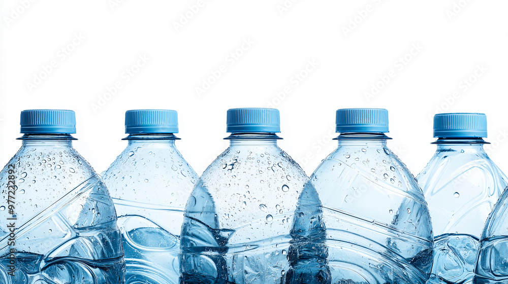 Discarded plastic water bottles lined up, showcasing their blue caps and condensation. This image highlights environmental impact of plastic waste and need for recycling Discarded plastic water bottles lined up, showcasing their blue caps and condensation. This image highlights environmental impact of plastic waste and need for recycling