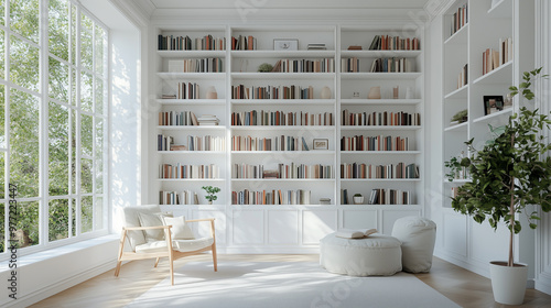 Bright home library with white built-in bookshelves and cozy reading nook
