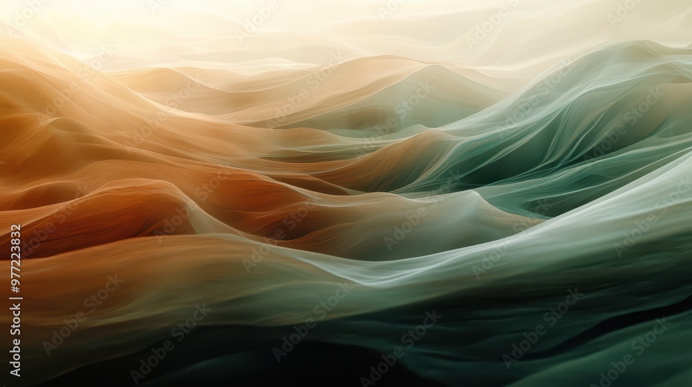 Fototapeta premium lose-up of abstract earth tones, soft flowing patterns resembling sand dunes, muted browns and greens, smooth gradients, tranquil atmosphere, digital art.