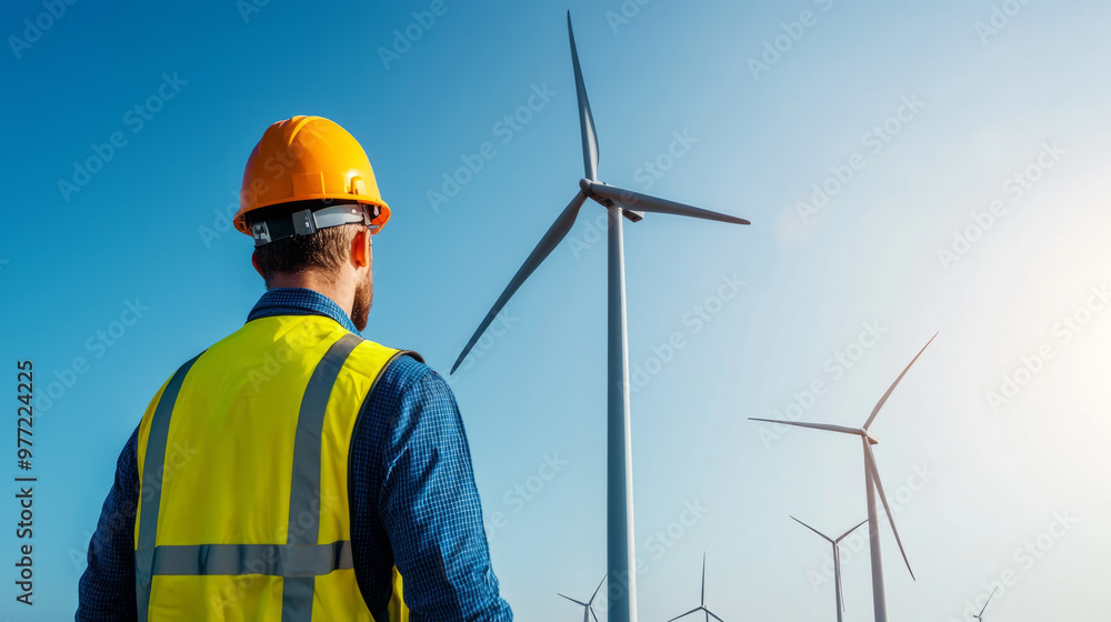 A worker in safety vest and helmet observes wind turbines, showcasing renewable energy A worker in safety vest and helmet observes wind turbines, showcasing renewable energy