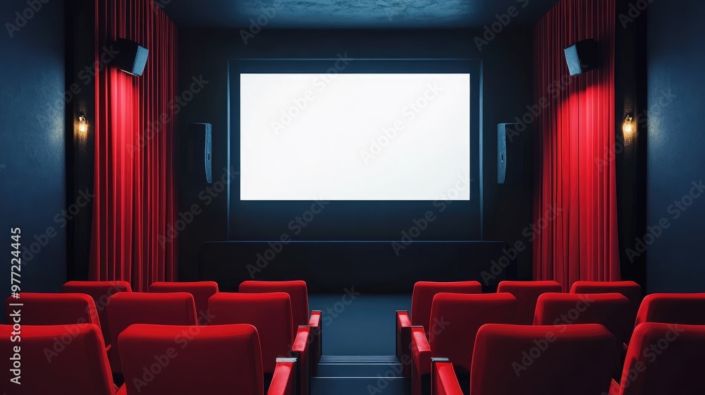 A cinema room with a massive screen and vibrant red seats, ready for moviegoers to enjoy the show A cinema room with a massive screen and vibrant red seats, ready for moviegoers to enjoy the show