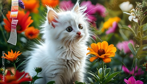 Fluffy white kitten exploring a colorful flower garden in full summer bloom, perfect for poster and calendar designs