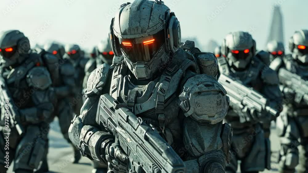 Futuristic army of robots marching through a deserted cityscape Futuristic army of robots marching through a deserted cityscape