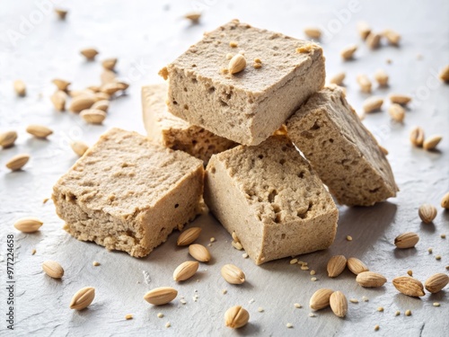 Halva made from sunflower seeds, broken into sharp-edged fragments, scattered on a pristine white surface photo