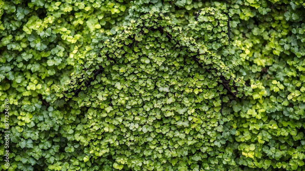 A lush green wall covered in ivy, creating a natural and vibrant backdrop with a unique house-shaped pattern. A lush green wall covered in ivy, creating a natural and vibrant backdrop with a unique house-shaped pattern.