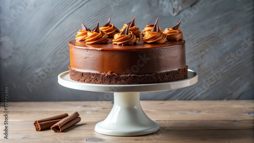 • A sophisticated, modern dessert featuring a velvety-smooth chocolate cake infused with crunchy Daim bars, all perched atop a sleek white pedestal. photo