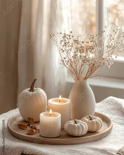 Cozy living room with burning candles and autumn decorations on the coffee table against a window in a soft beige color. Close-up view