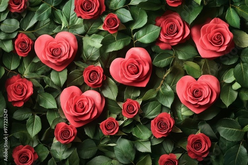 A vibrant arrangement of red roses and heart shapes on greenery.