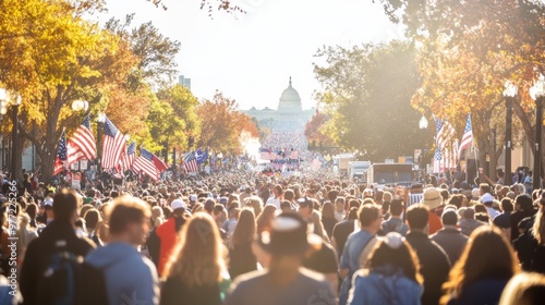 A patriotic street parade celebrating election day filled with American flags