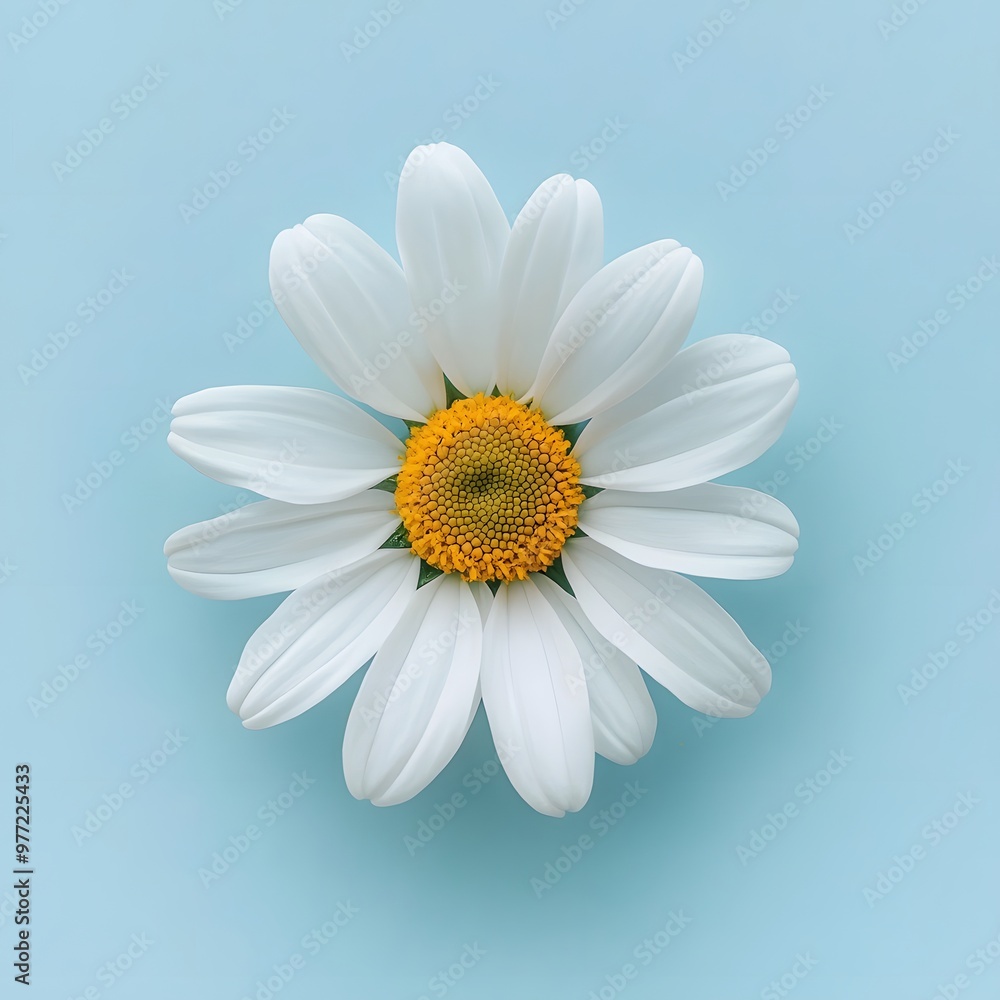 212. A single white daisy isolated on a light blue background