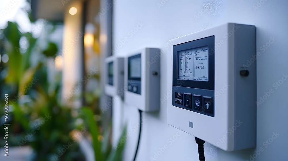 Modern electrical meters are mounted on a white wall, captured in shallow depth of field, emphasizing clean lines and minimalist design within a contemporary urban setting. Modern electrical meters are mounted on a white wall, captured in shallow depth of field, emphasizing clean lines and minimalist design within a contemporary urban setting.