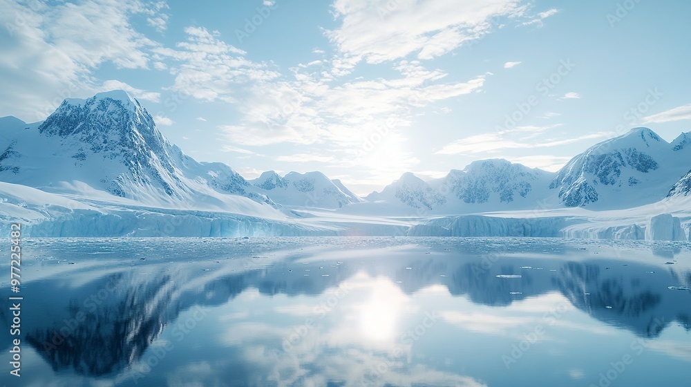 custom made wallpaper toronto digitalA serene winter landscape featuring snow-capped mountains and a reflective icy lake under a bright sky.