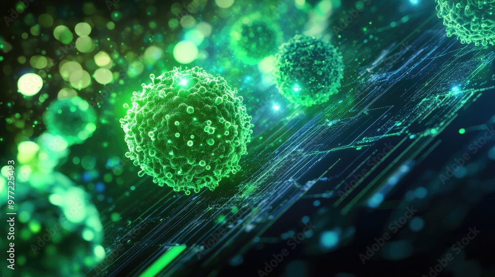 Fototapeta premium A close-up of a glowing green cell on a digital screen, symbolizing medical research, technology, and scientific discovery.