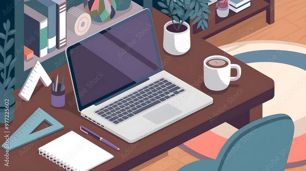 A modern workspace featuring a laptop, coffee cup, and stationery, perfect for productivity and creativity. A modern workspace featuring a laptop, coffee cup, and stationery, perfect for productivity and creativity.