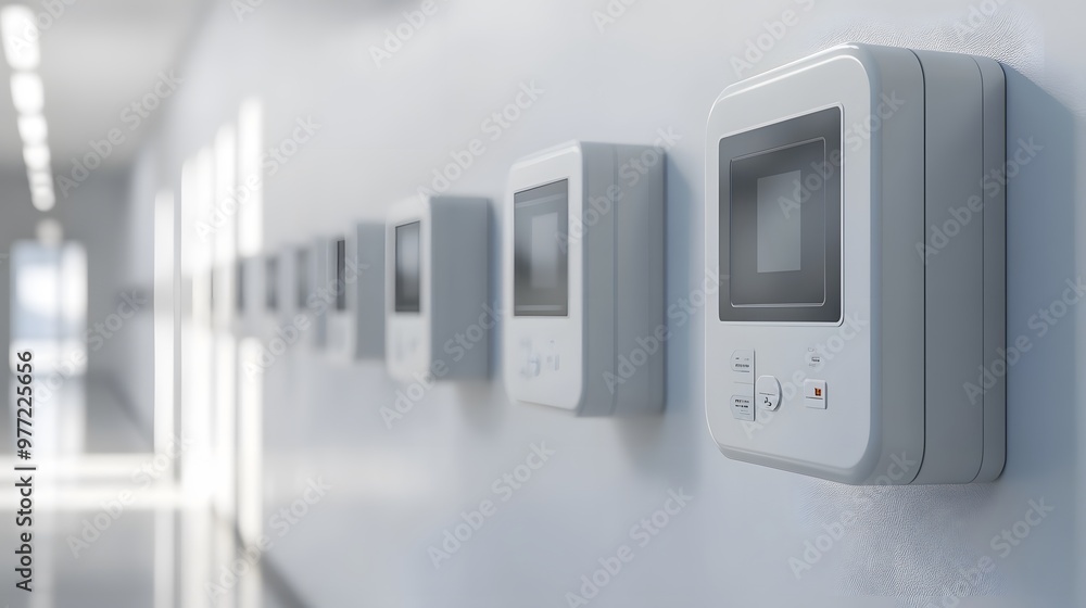 Modern electrical meters are mounted on a white wall, captured in shallow depth of field, emphasizing clean lines and minimalist design within a contemporary urban setting. Modern electrical meters are mounted on a white wall, captured in shallow depth of field, emphasizing clean lines and minimalist design within a contemporary urban setting.