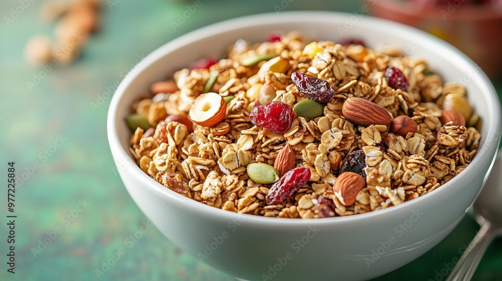 A close-up of a white bowl of colorful granola muesli against a vibrant green backdrop. A close-up of a white bowl of colorful granola muesli against a vibrant green backdrop.