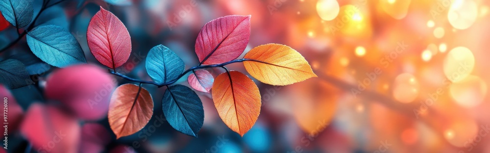Fototapeta premium Vibrant Autumn Leaves in Orange and Blue Tones Watercolor Background