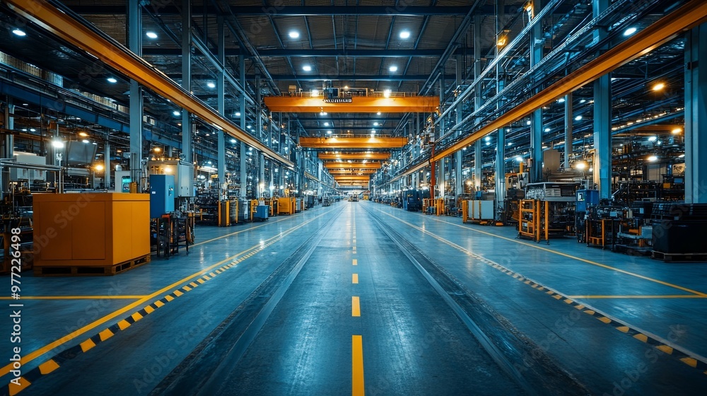Empty Industrial Warehouse with Yellow Lines on the Floor Empty Industrial Warehouse with Yellow Lines on the Floor