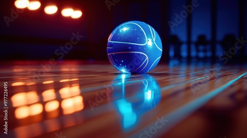 Glowing Blue Basketball on Polished Floor photo