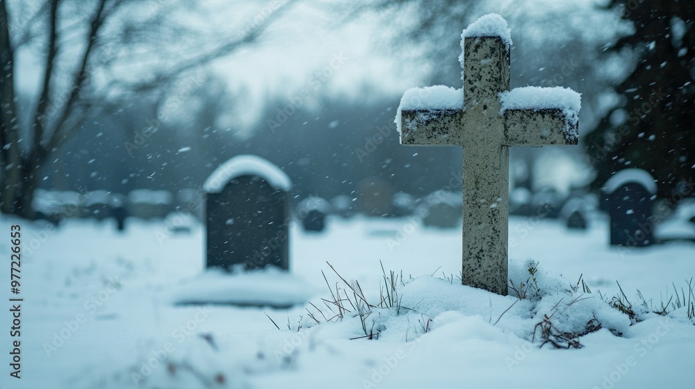 A cross and headstone buried under snow in an empty cemetery, symbolizing silence, mourning, and the quiet of winter. A cross and headstone buried under snow in an empty cemetery, symbolizing silence, mourning, and the quiet of winter.