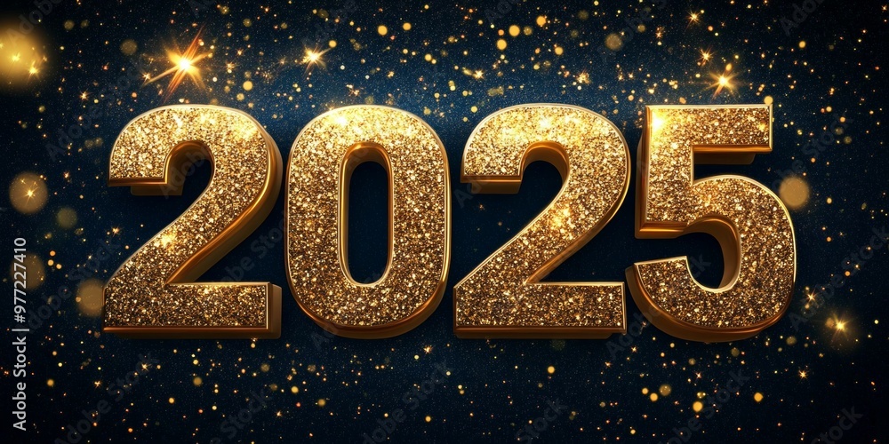 Happy new year Golden 2025 numbers sparkling with glitter and surrounded by glowing lights and stars, celebrating the arrival of the new year. Happy new year Golden 2025 numbers sparkling with glitter and surrounded by glowing lights and stars, celebrating the arrival of the new year.