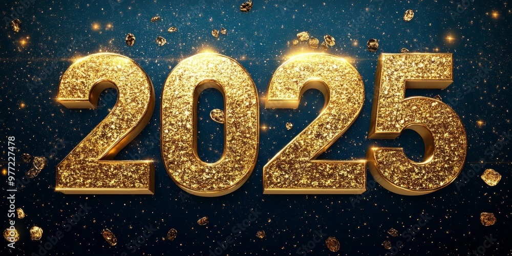 Happy new year Golden 2025 numbers sparkling with glitter and surrounded by glowing lights and stars, celebrating the arrival of the new year. Happy new year Golden 2025 numbers sparkling with glitter and surrounded by glowing lights and stars, celebrating the arrival of the new year.