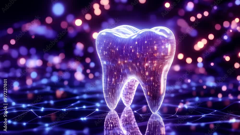 Glowing digital rendering of a tooth composed of light particles and ...
