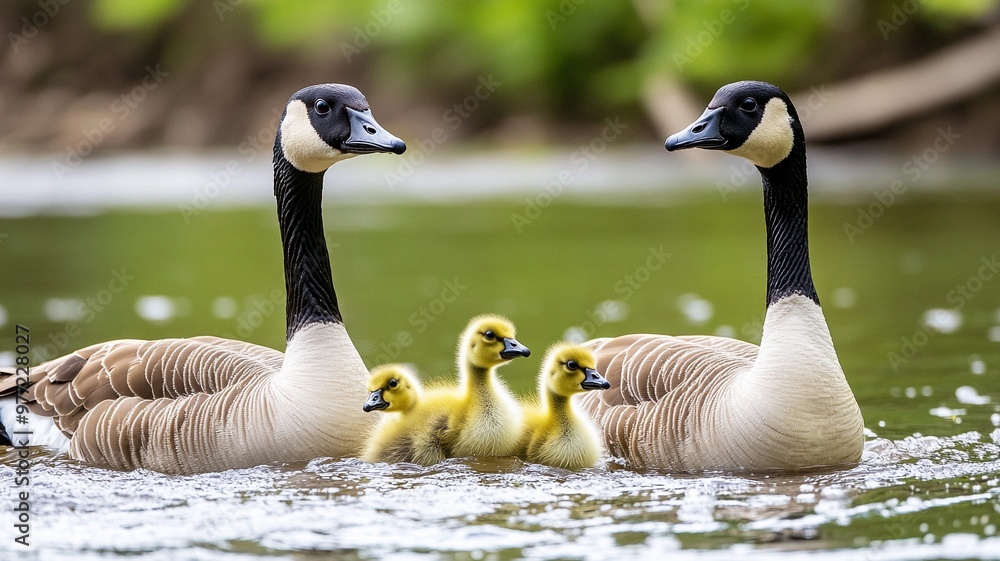 Geese Setting A photograph of two Canadian geese with their goslings swimming on calm ...