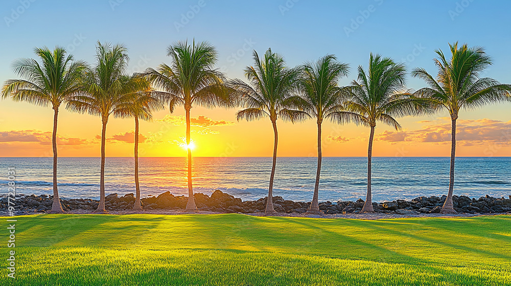 Sunset Over the Ocean With Palm Trees Lining the Shore at a Beachfront Location in the Early Evening Sunset Over the Ocean With Palm Trees Lining the Shore at a Beachfront Location in the Early Evening