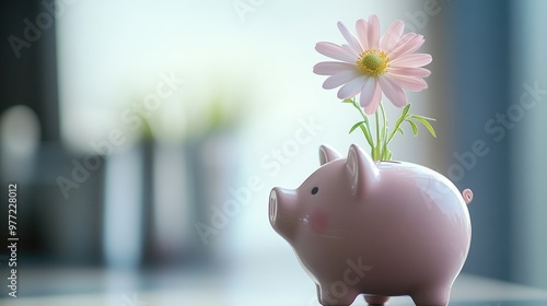 Wallpaper Mural A delicate flower blooming from the top of a pink piggy bank, symbolizing growth and financial nurturing. Torontodigital.ca