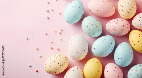 Colorful Easter eggs on a pastel background with copy space for text, top view.