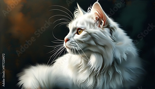 Adorable white cat fascinated by her fluffy tail, perfect design for banners, posters, or wallpapers photo