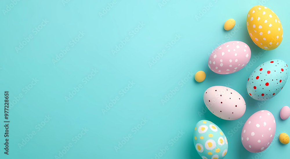 Colorful Easter eggs on a pastel background with copy space for text, top view. Colorful Easter eggs on a pastel background with copy space for text, top view.
