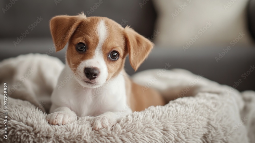 A close-up of an adorable puppy with big, expressive eyes and a playful expression, sitting on a fluffy blanket in a cozy living room setting. A close-up of an adorable puppy with big, expressive eyes and a playful expression, sitting on a fluffy blanket in a cozy living room setting.