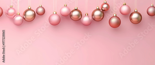 Photo of pink and gold hanging Christmas ornaments on a pink background, with a banner that has a copy space area for text or design.