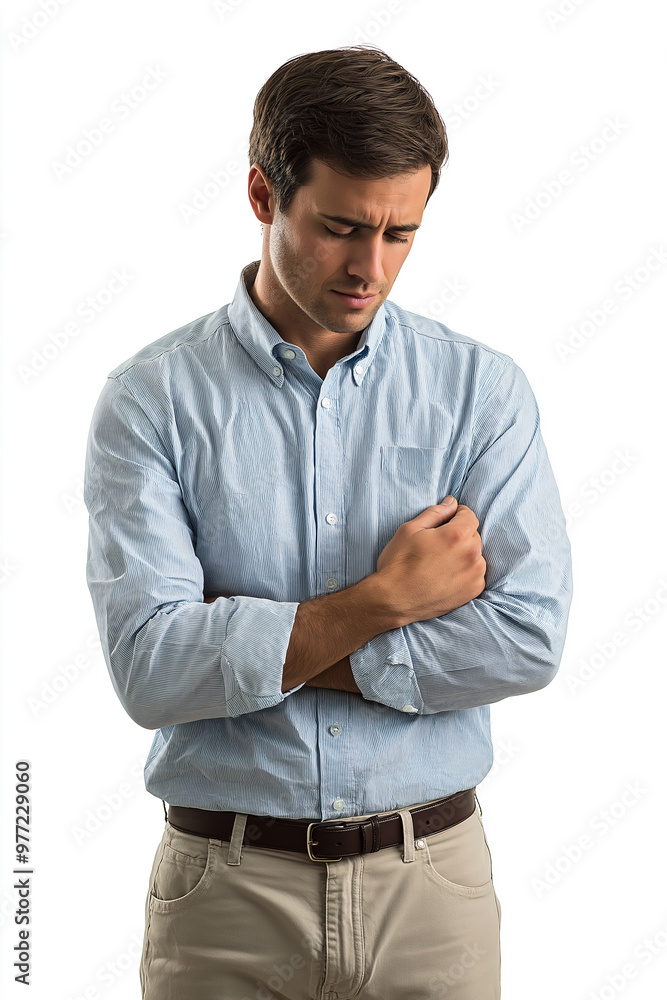 A man in light blue shirt is massaging his wrist, showing signs of discomfort. His expression reflects concern as he tends to his wrist, highlighting importance of self care A man in light blue shirt is massaging his wrist, showing signs of discomfort. His expression reflects concern as he tends to his wrist, highlighting importance of self care