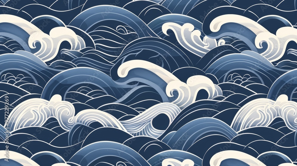A striking wave pattern design featuring elegant curves and rich blue tones, perfect for backgrounds and textiles. A striking wave pattern design featuring elegant curves and rich blue tones, perfect for backgrounds and textiles.
