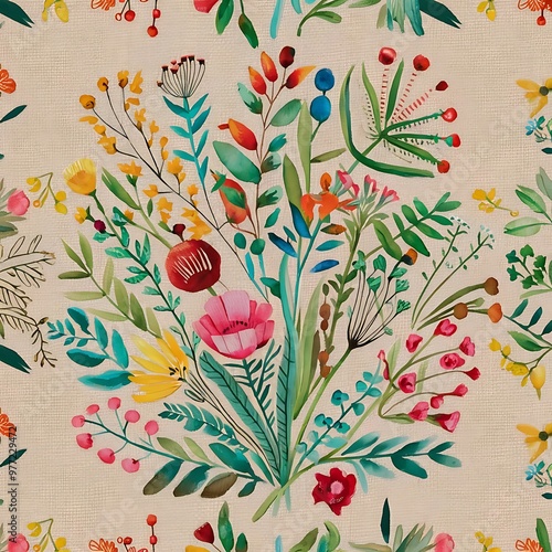 Watercolor flower motif background. Hand painted earthy whimsical seamless pattern. Modern floral linen textile for spring summer home decor. Decorative scandi style colorful nature all over print